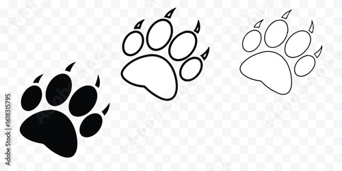 Set of vector animal paw prints with claws in various line art styles perfect for graphic design elements and wildlife related concepts