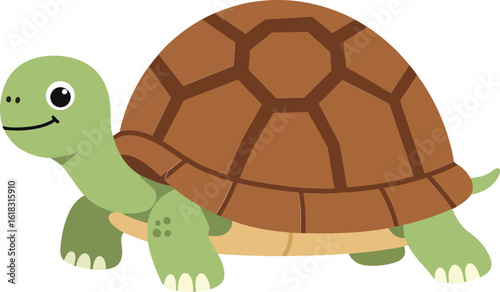 Turtle animal vector illustration with brown shell and green body walking sideways on white background