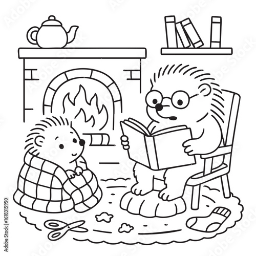 Cartoon hedgehog wearing glasses reads a book near a warm fireplace to another hedgehog wrapped in a blanket. Cozy and sweet coloring page for children.