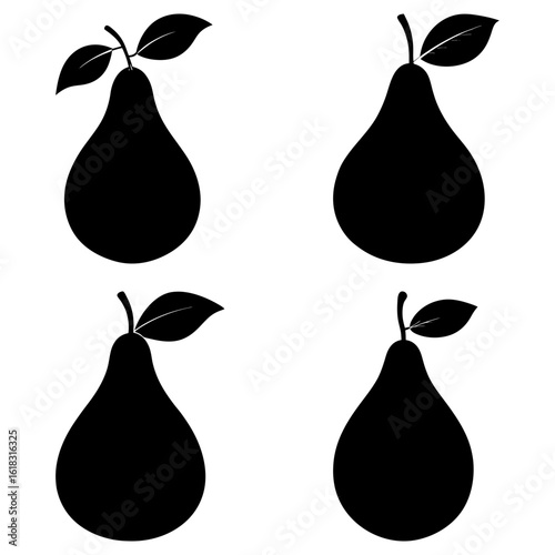 Four black silhouette pears with leaves arranged in a square pattern on a white background design vector