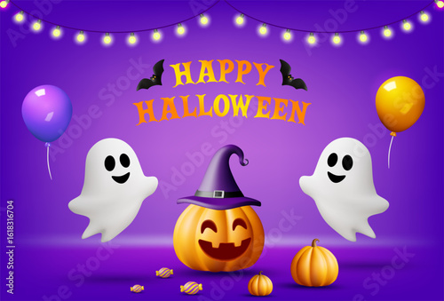 3D vector illustration render of a fun happy Halloween party poster in purple tones. Featuring a little ghost, pumpkin in a witch's hat, balloons, and text, along with hanging lights and candy.