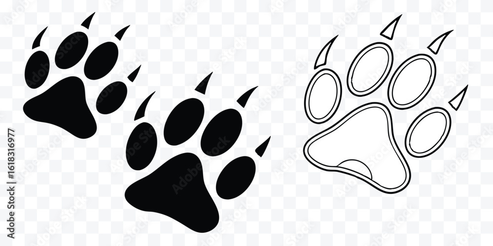 Fototapeta premium Bear Paw Prints Traces in Black and White Style Illustration Symbol of Wildlife and Forest Animals Footprints Vector Design