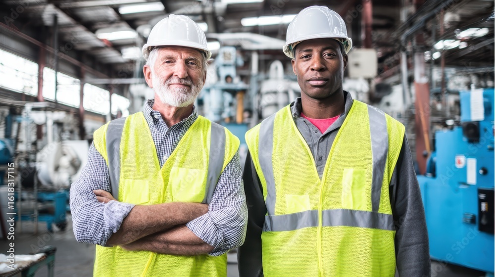 Obraz premium Two professionals in safety gear working near machinery in an industrial factory.