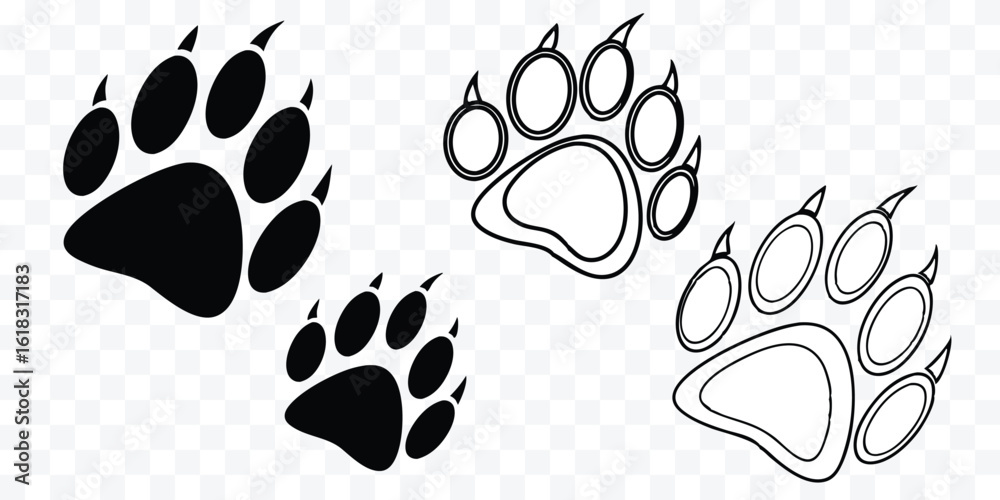 Fototapeta premium Bear Paw Prints in Black and White Outline Depicting Animal Tracking and Wildlife Illustration Concept
