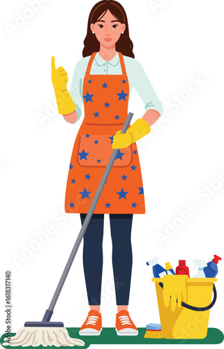Woman cleaning with mop and bucket wearing orange apron and yellow gloves indoor household chores vector