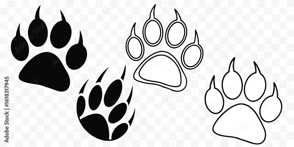 Fototapeta premium Assorted Bear Paw Prints Depicted in Vector Format Ideal for Nature Wildlife and Wilderness Illustrations or Designs