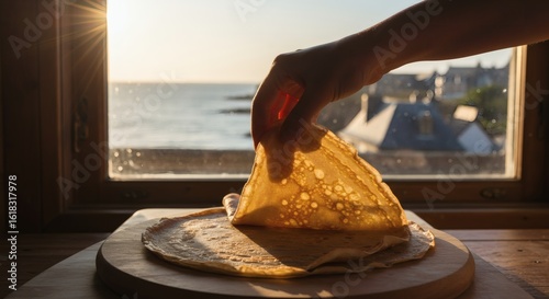 Authentic Breton Galettes Being Folded with Buckwheat Flour, Rustic French Crepes in Coastal Brittany with Sea Air Ambiance
