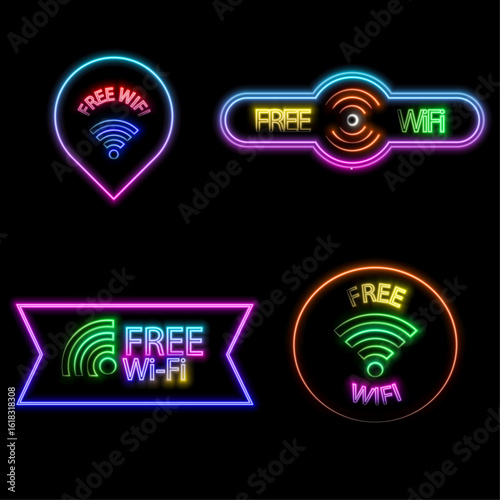 Sonic waves, WiFi signal glowing elements, neon style.radar sensor light effects, wireless network neon round symbols. Vector illustration.