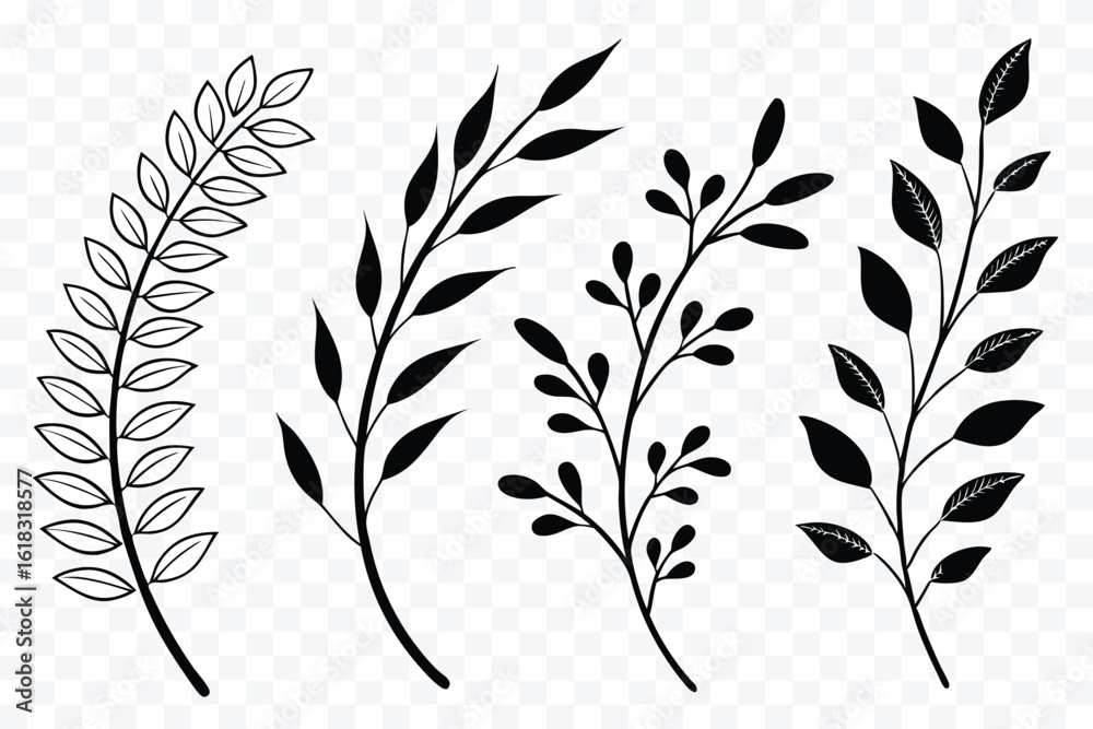 Obraz premium Elegant Botanical Vector Illustrations of Sprigs and Leaves for Creative Design Projects and Nature Inspired Decorations on Isolated Background