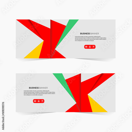 Two horizontal business banners with abstract geometric shapes and text.