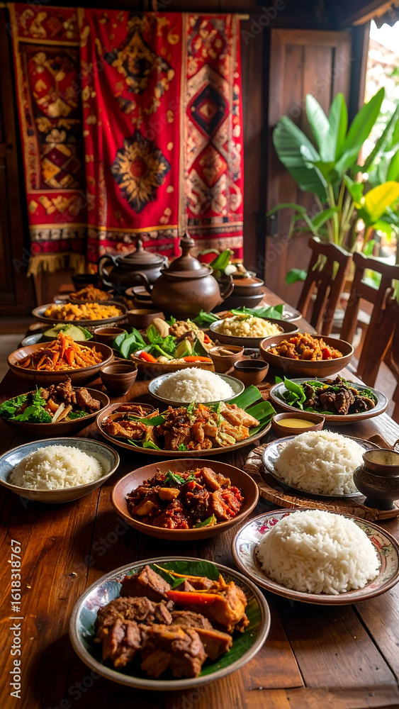Fototapeta premium Indonesian Family Meal Displayed on Rich Wooden Table