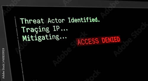 Cybersecurity breach in progress with a threat actor identified and IP tracing, resulting in a red access denied message on the screen.