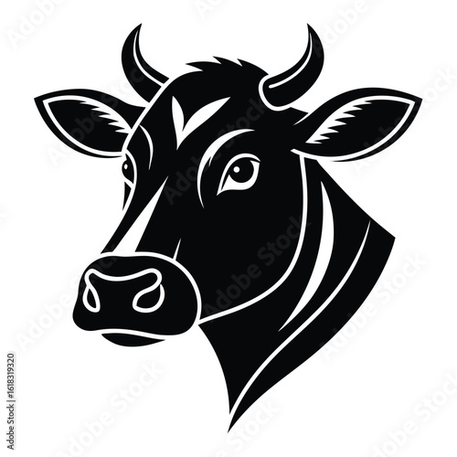 Black vector silhouette of a cow head with horns and ears cattle bull