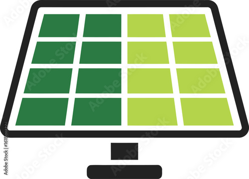 A modern icon of a solar panel with a grid of two-tone green photovoltaic cells on a stand.
