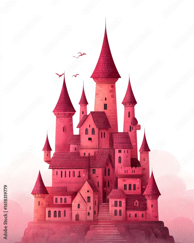 Obraz premium Enchanting Crimson Castle: A whimsical illustration of a majestic crimson castle atop a mist-shrouded peak, evoking a sense of fairytale wonder and architectural grandeur.