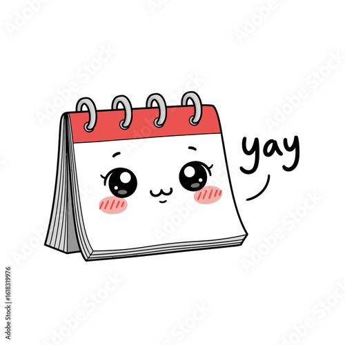 A cheerful kawaii desk calendar character with big shiny eyes, blushing cheeks, and a happy 'yay' expression.