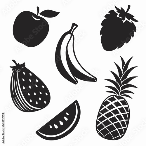 Vector art of a collection of stylized black and white fruit icons including an apple, banana, strawberry, pineapple, watermelon, and hop isolated on white background