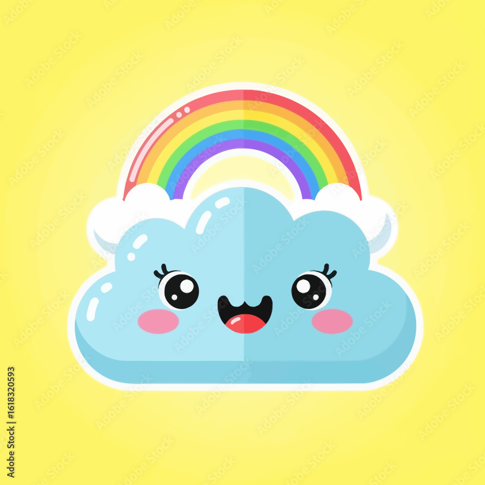Obraz premium Adorable kawaii cloud character with a happy smiling face, big eyes, and a vibrant rainbow arching overhead.
