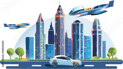 Futuristic Cityscape at Night with Flying Cars and Neon-Glowing Buildings