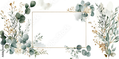 Fototapeta Naklejka Na Ścianę i Meble -  Watercolor  set of floral eucalyptus branches, greenery, and gold elements on an isolated  a transparent background