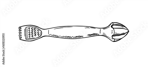 Bartender citrus zester and juicer tool vector illustration painted by black inks. Monochrome fruit stainless scraper line art sketch. Hand drawn equipment for cocktail recipe book, tutorial