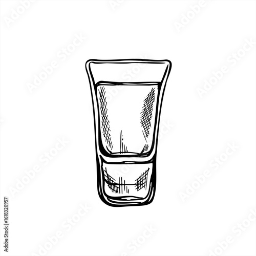 Filled shot glass with various spirits like vodka, brandy, sake or limoncello vector illustration painted by black ink. Alcohol drink in glassware etching drawing for cocktail recipe, party invitation