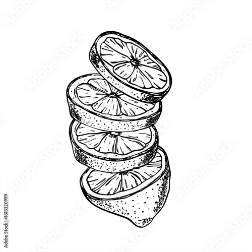 Monochrome raw sliced lemon vector isolated illustration painted by black inks. Fresh citrus levitating composition for cold summer drink, bar menus, fresh drink packaging, summer design