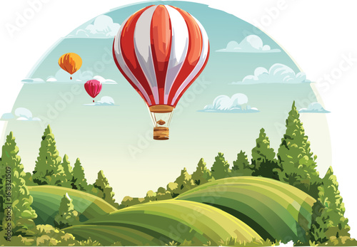 Cute Hot Air Balloon Floating Above Cartoon Hills and Tiny Trees