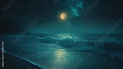 A serene moonlit beach at night.  Ocean waves gently crashing on the shore under a luminous moon and sparkling stars