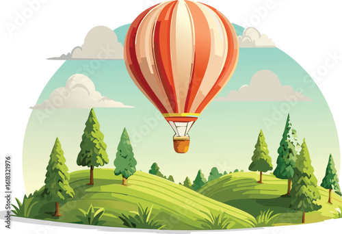 Cute Hot Air Balloon Floating Above Cartoon Hills and Tiny Trees