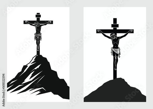 Black Vector Scene of Jesus on the Cross over Mountain Landscape for Faith Design

