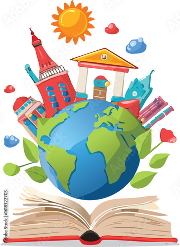 Open Book Unfolding into an Illustrated World with Floating Educational Symbols