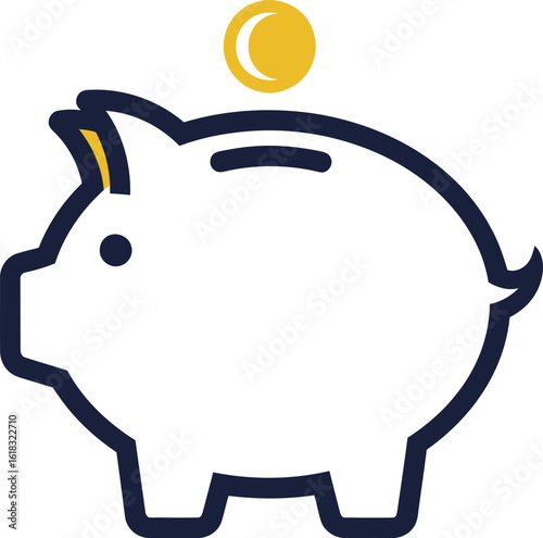 A simple line icon of a white piggy bank with a gold coin being inserted into the slot on its back.