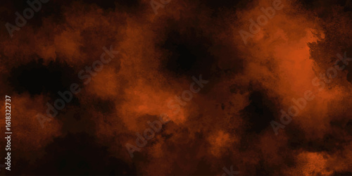 Abstract black background with Orange smokes. Orange powder explosion on black background. Dark brown stained grungy background. Red fire particle burn effect. Grungy dark canvas background.