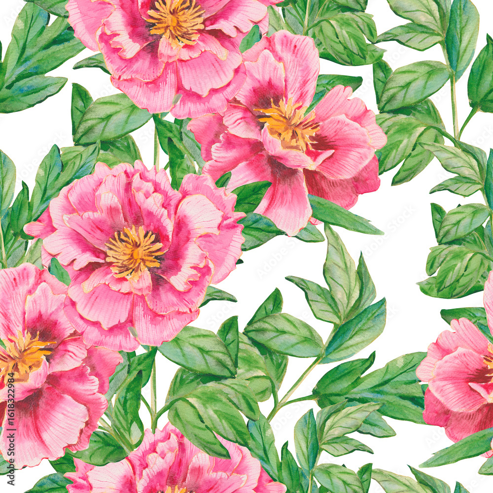 Obraz premium Watercolor peony pink flower. Seamless floral pattern with peonies on white background. Template design for greeting cards, wedding invitation, wedding design, textiles, interior, clothes, wallpaper
