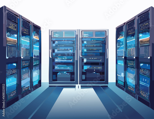 High-Tech Server Room with Glowing Blue Lights and Dark Ambience