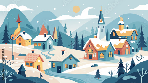 Charming winter village scene with snow covered houses and mountains