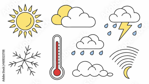 Collection of weather icons including sun clouds rain snow and lightning