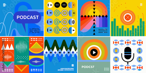 Abstract collection of podcast related graphics and icons