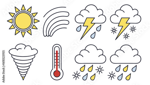 Collection of stylized weather icons including sun rainbow rain snow and thermometer