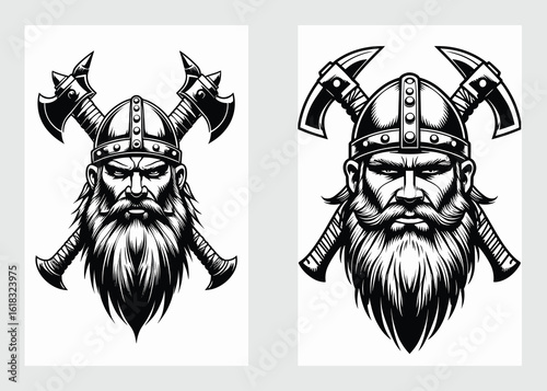 Angry Viking Warrior Head with Bearded Face and Crossed Axes Vector Artwork

