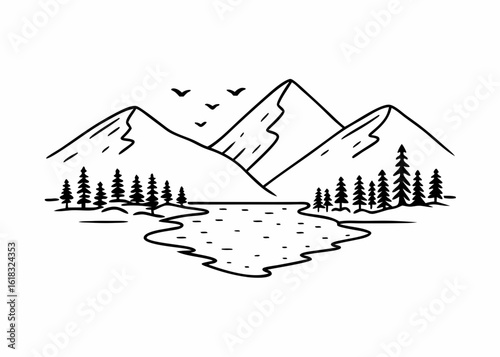 Scenic vector line drawing of mountains, river, trees, and birds, hand-drawn style, detailed outline, calm and relaxing composition for coloring pages