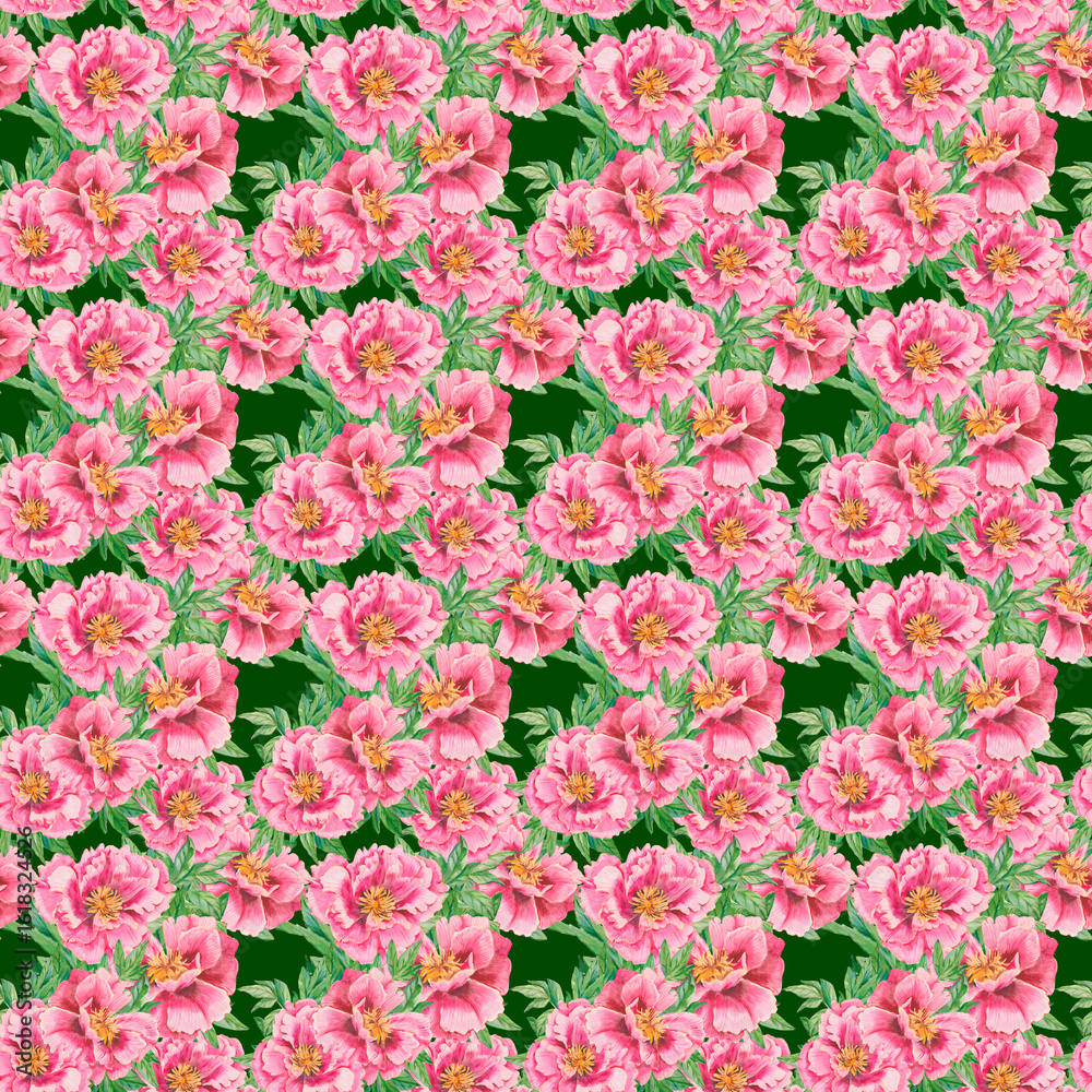 Fototapeta premium Watercolor peony pink flower. Seamless floral pattern with peonies on white background. Template design for greeting cards, wedding invitation, wedding design, textiles, interior, clothes, wallpaper
