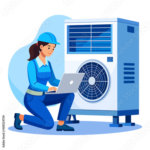 A female HVAC technician in a hard hat performs diagnostics on an air conditioner unit with a laptop. Modern heating and cooling service.