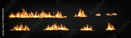 Set of realistic flames in vivid colors on dark backdrop. Perfect for digital design and special effects. Includes various shapes and sizes for creativity.