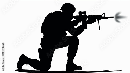 Black silhouette of a soldier in combat stance isolated on a white background for design use