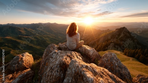A solitary woman seated on a rocky outcrop, gazing at a breathtaking sunset over rolling hills, encapsulating tranquility and introspection in a serene natural environment.