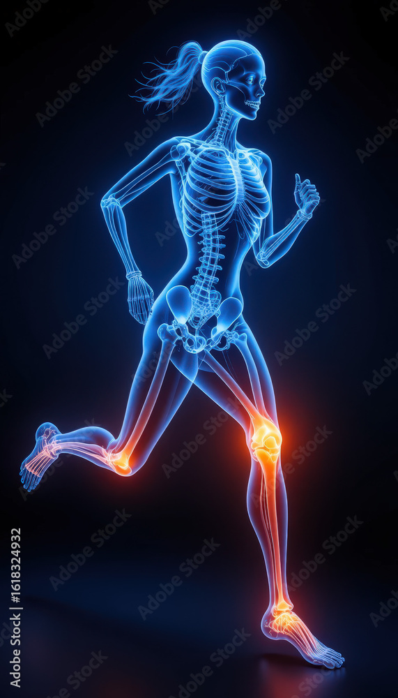 X ray of a woman running with glowing joints and skeleton X ray of a woman running with glowing joints and skeleton