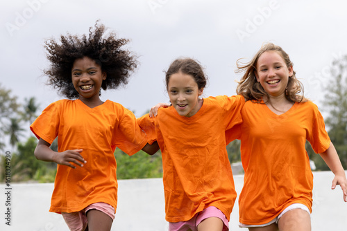 cheerful multi-ethnic children playing together in the playgrounds outdoors.