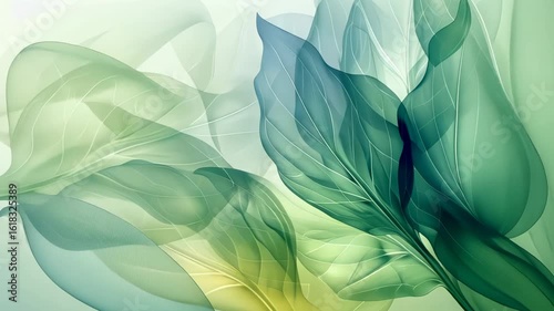 Serene Green Leaves Abstract Art:  A digital artwork depicting translucent, overlapping leaves in shades of green and teal, creating a calming and ethereal atmosphere.